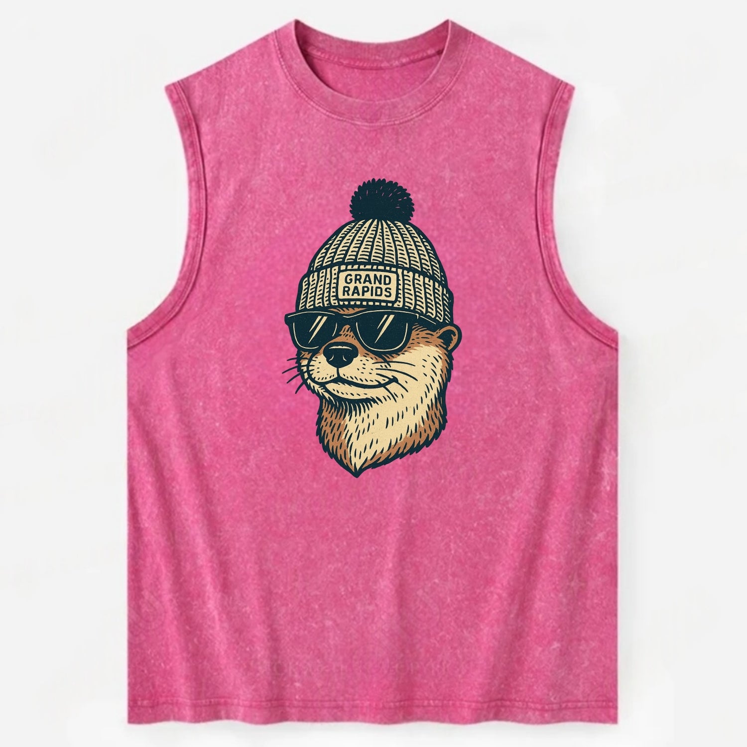 Grand Rapids River Otter wearing Grand Rapids beanie with pom pom and - Vintage Washed Tank - Pink