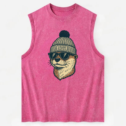 Grand Rapids River Otter wearing Grand Rapids beanie with pom pom and - Vintage Washed Tank - Pink