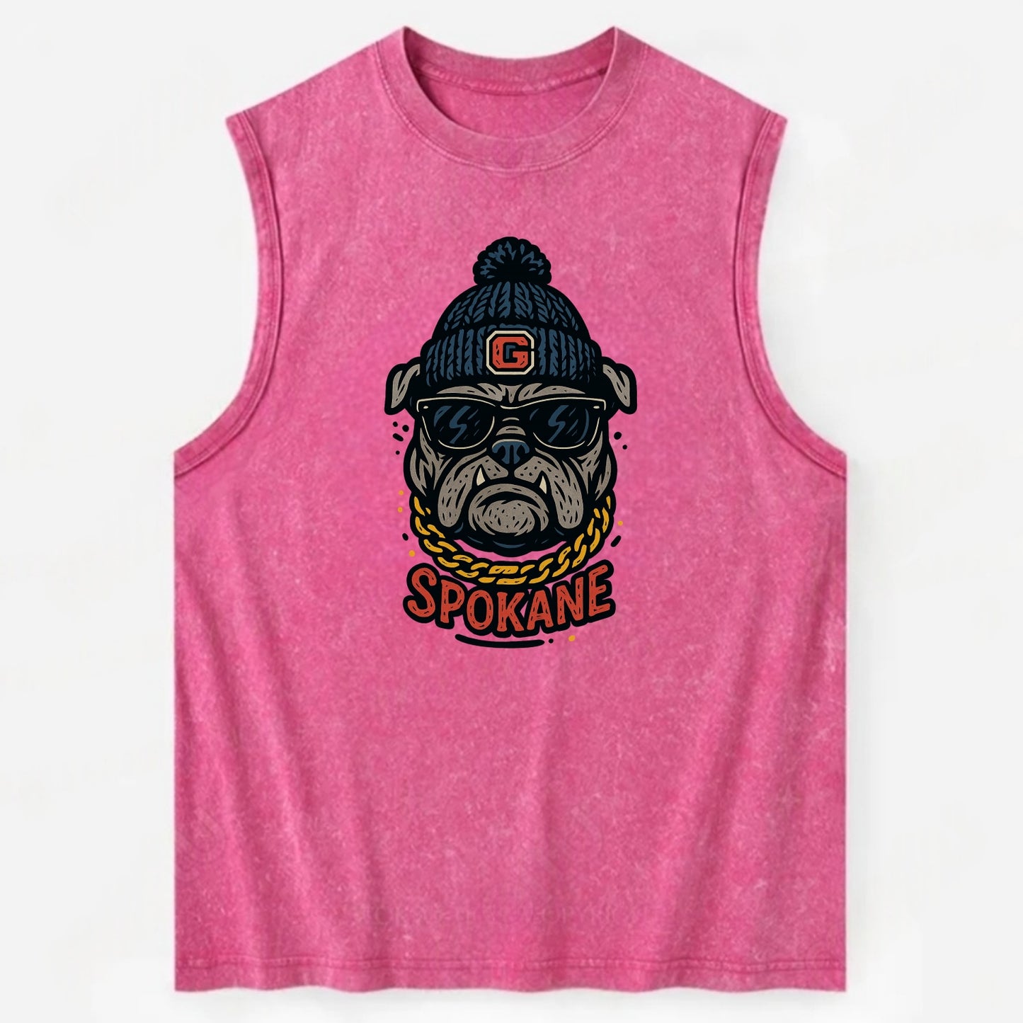 Spokane Bulldog wearing Gonzaga beanie with G patch - Vintage Washed Tank - Pink