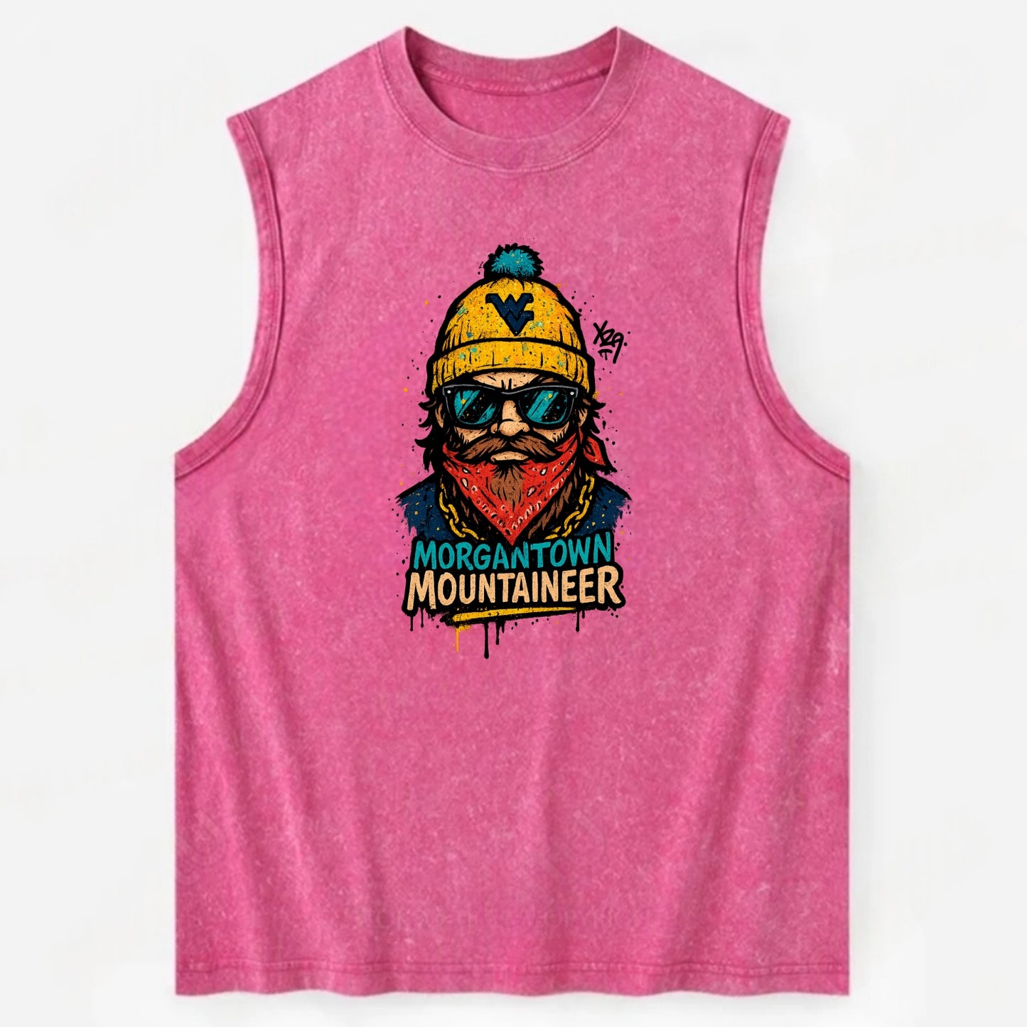 Morgantown Mountaineer wearing West Virginia beanie with WV patch - Vintage Washed Tank - Pink