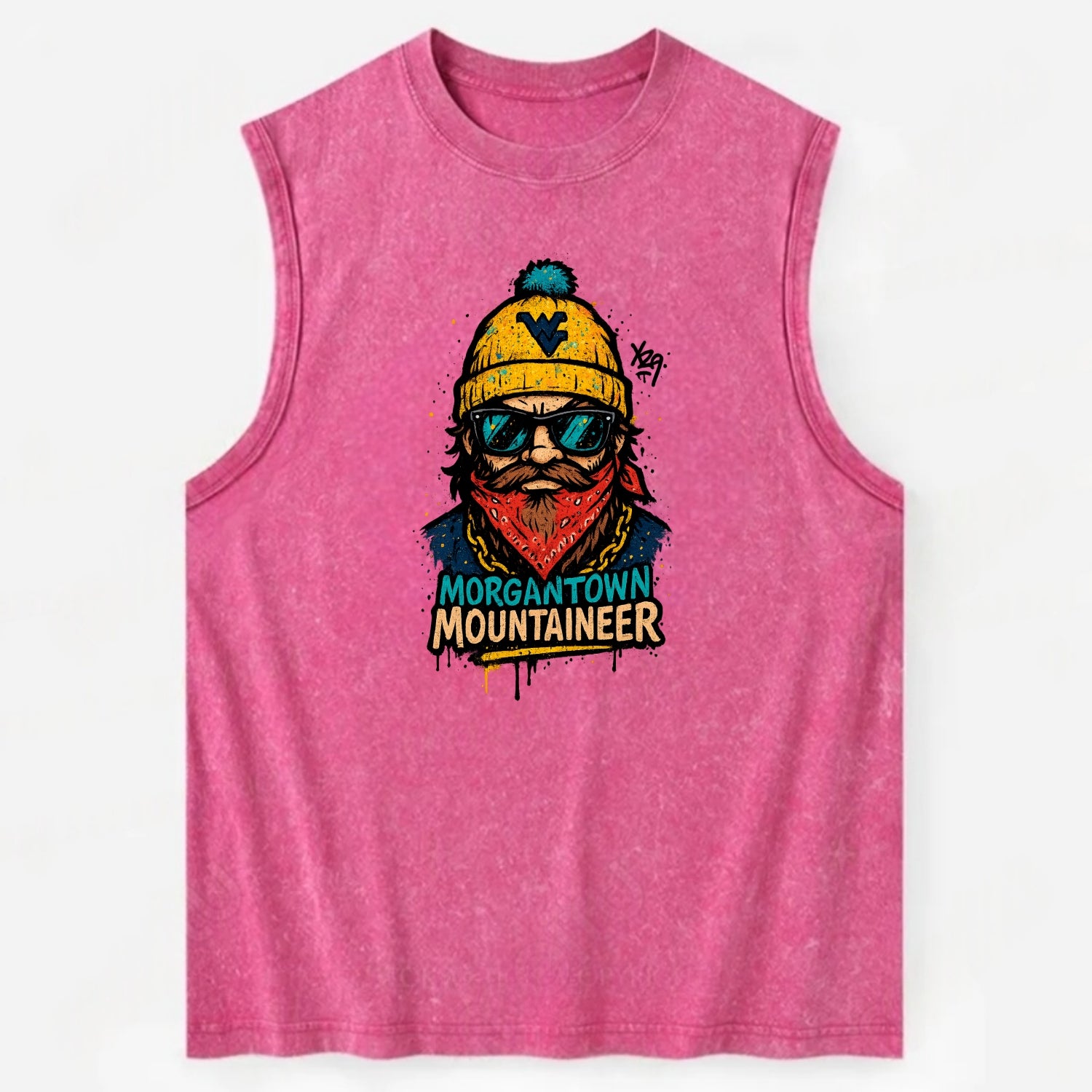 Morgantown Mountaineer wearing West Virginia beanie with WV patch - Vintage Washed Tank - Pink