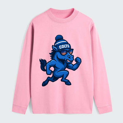 Indianapolis Colt Horse wearing Colts blue and white beanie with pom - Classic Long Sleeve Shirt - Pink