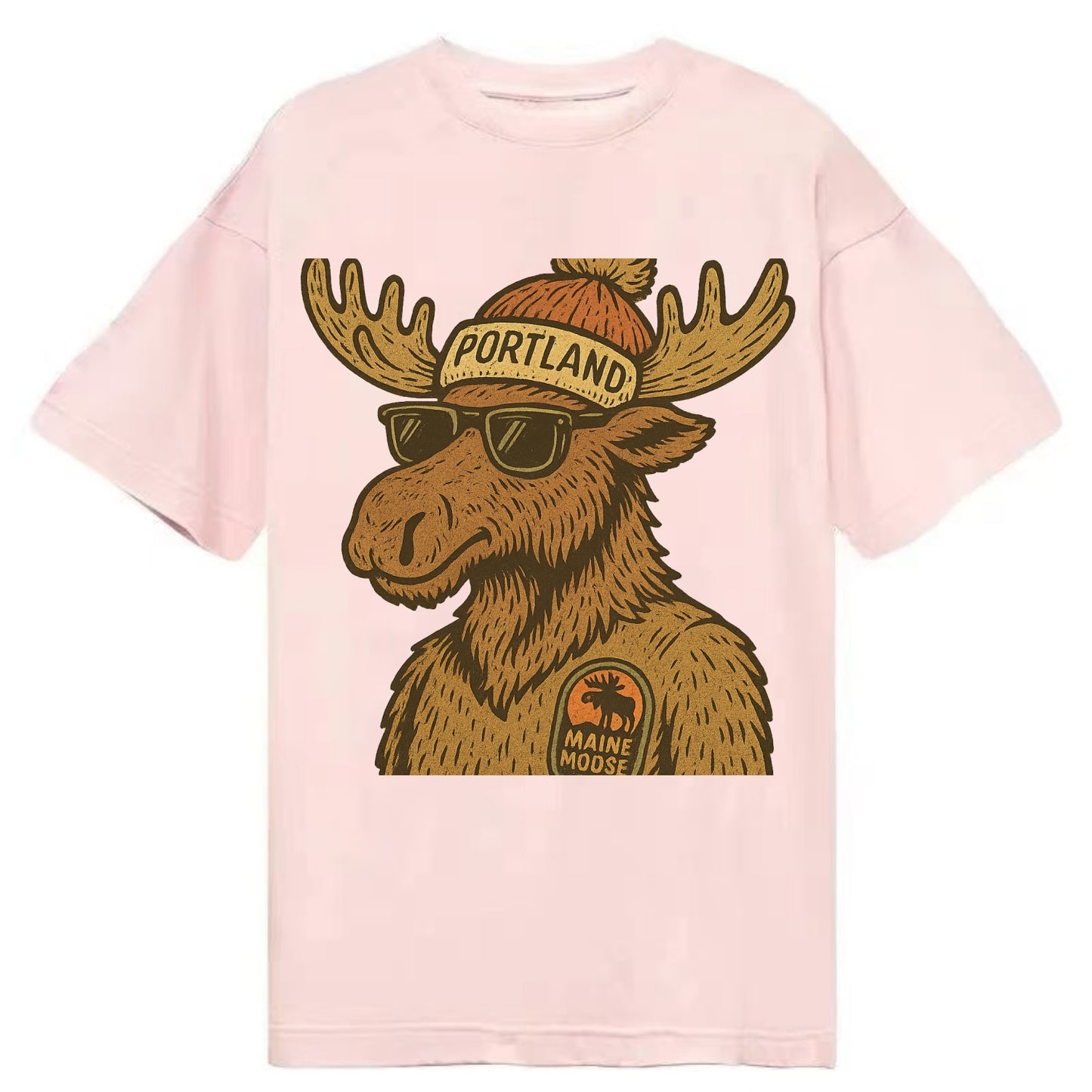 Maine Moose wearing Portland beanie with pom pom and wayfarer sunglasses - Classic T-shirt - Pink