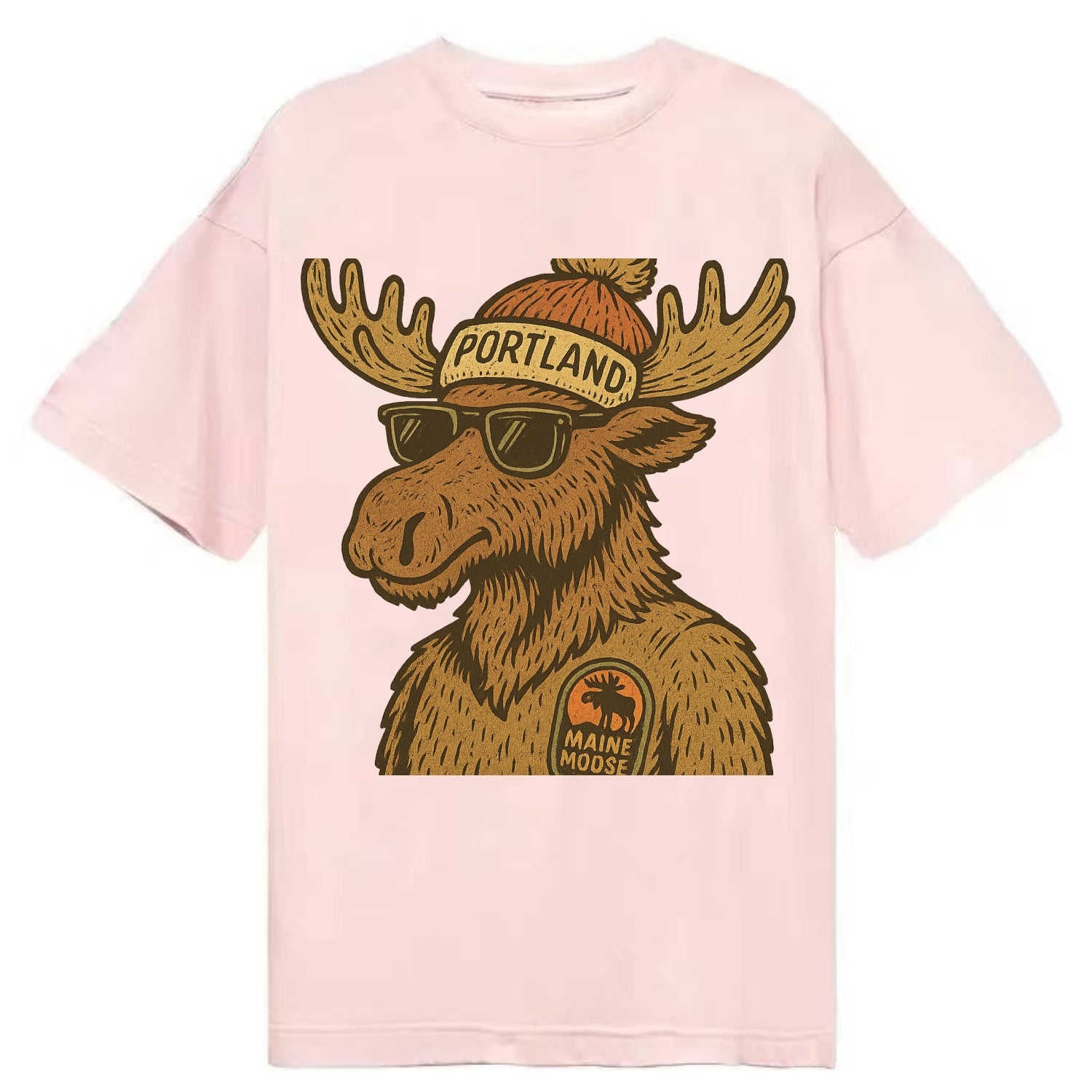 Maine Moose wearing Portland beanie with pom pom and wayfarer sunglasses - Classic T-shirt - Pink