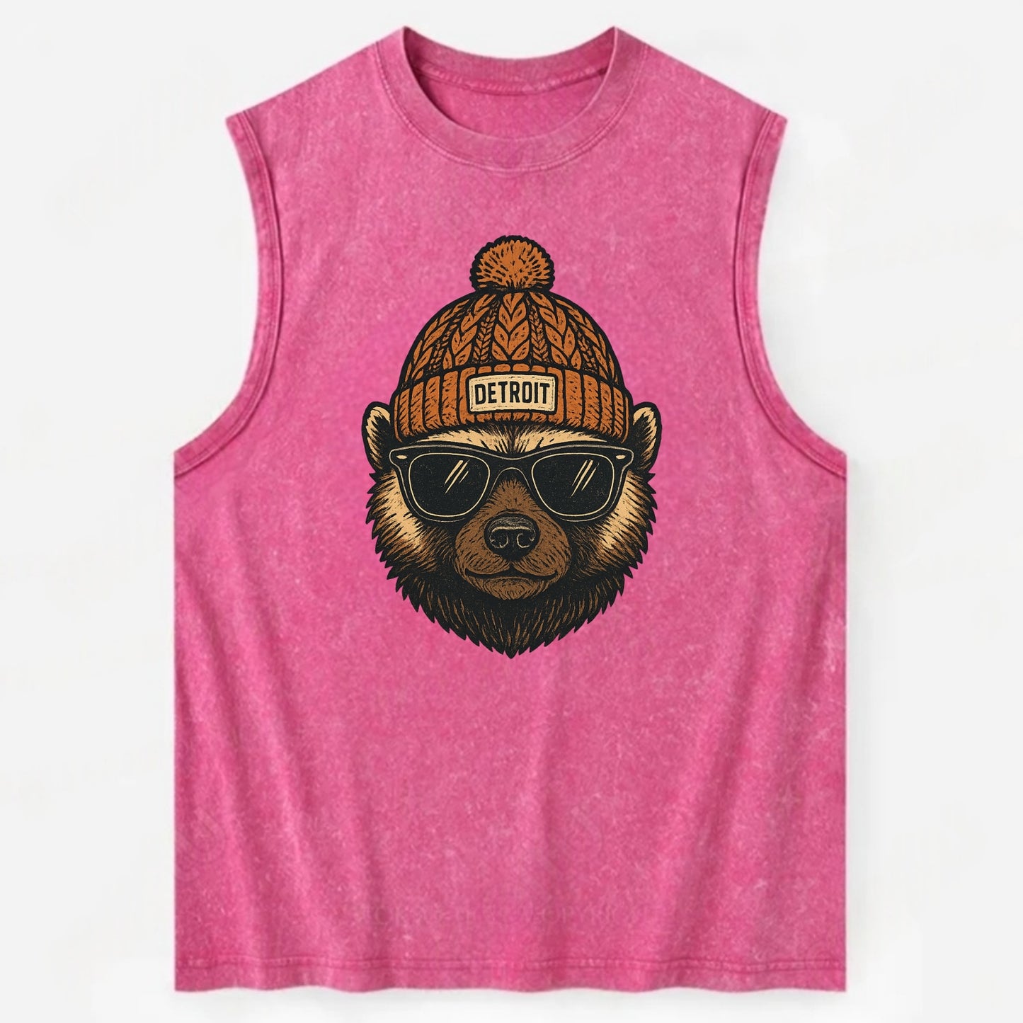 Detroit Wolverine wearing Detroit beanie with pom pom and wayfarer sunglasses - Vintage Washed Tank - Pink