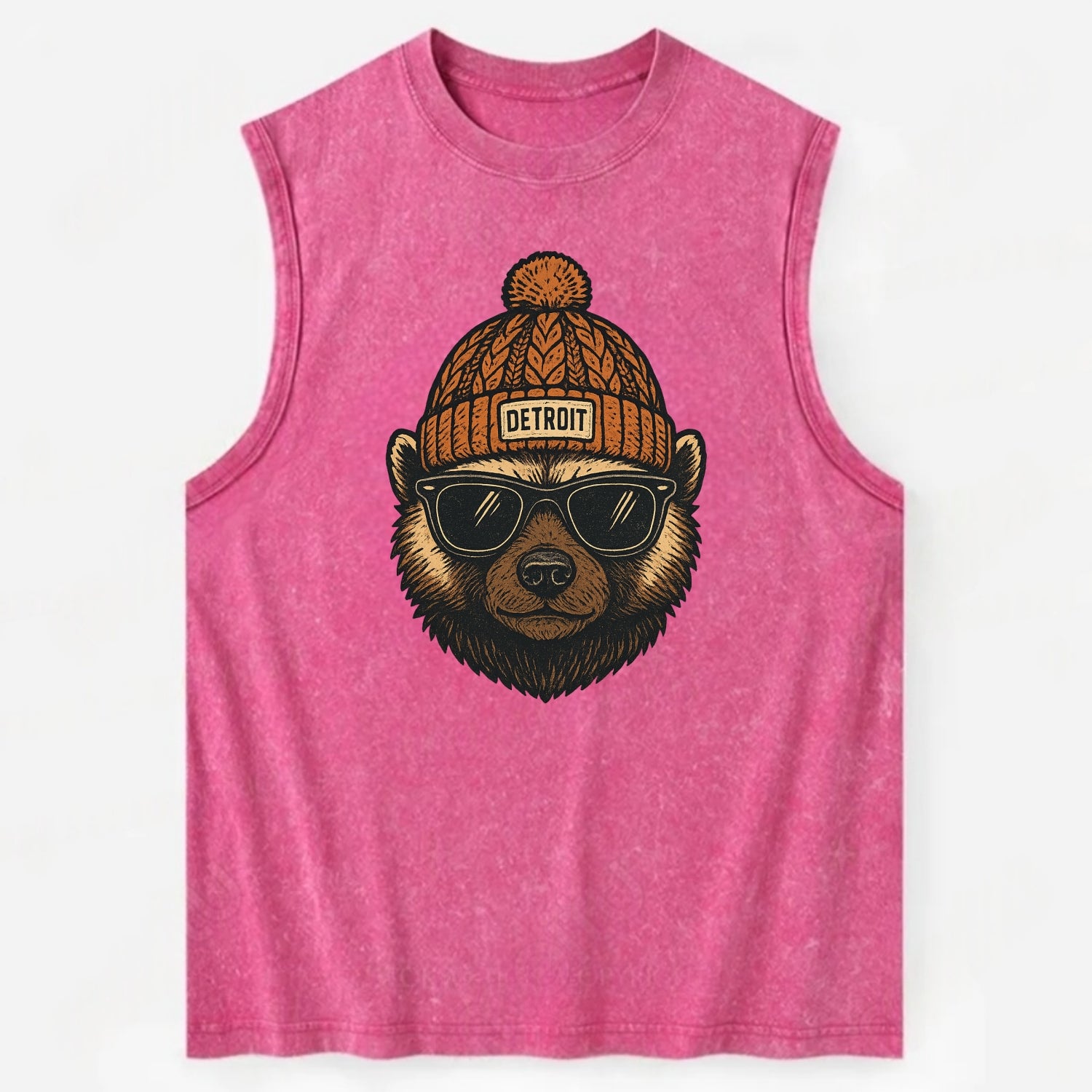 Detroit Wolverine wearing Detroit beanie with pom pom and wayfarer sunglasses - Vintage Washed Tank - Pink