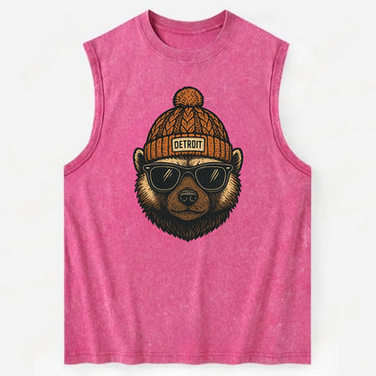 Detroit Wolverine wearing Detroit beanie with pom pom and wayfarer sunglasses - Vintage Washed Tank - Pink