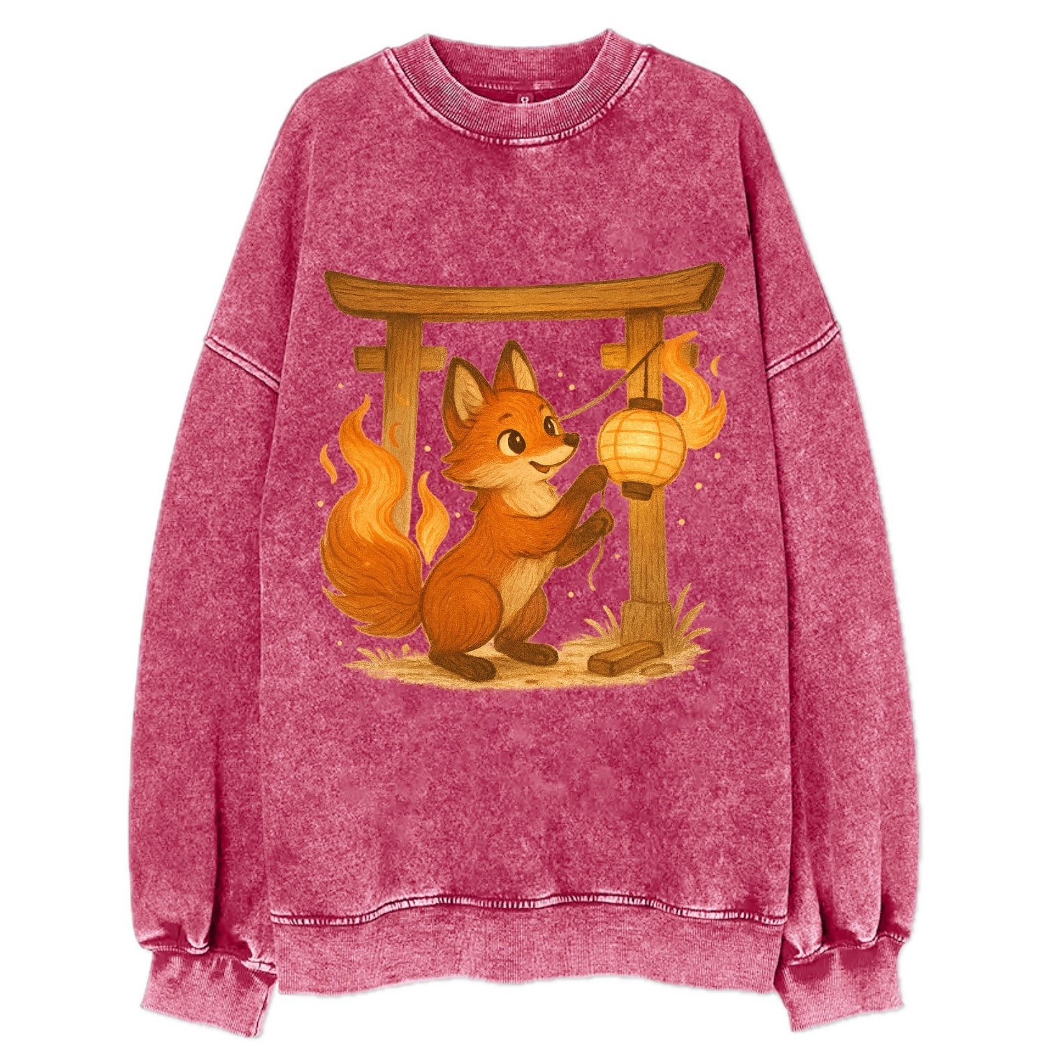 Foxfire kitsune stringing lanterns along a torii gate with tails of living - Vintage Sweatshirt - Pink