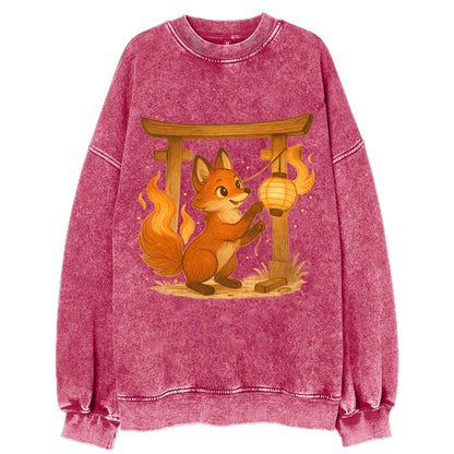 Foxfire kitsune stringing lanterns along a torii gate with tails of living - Vintage Sweatshirt - Pink