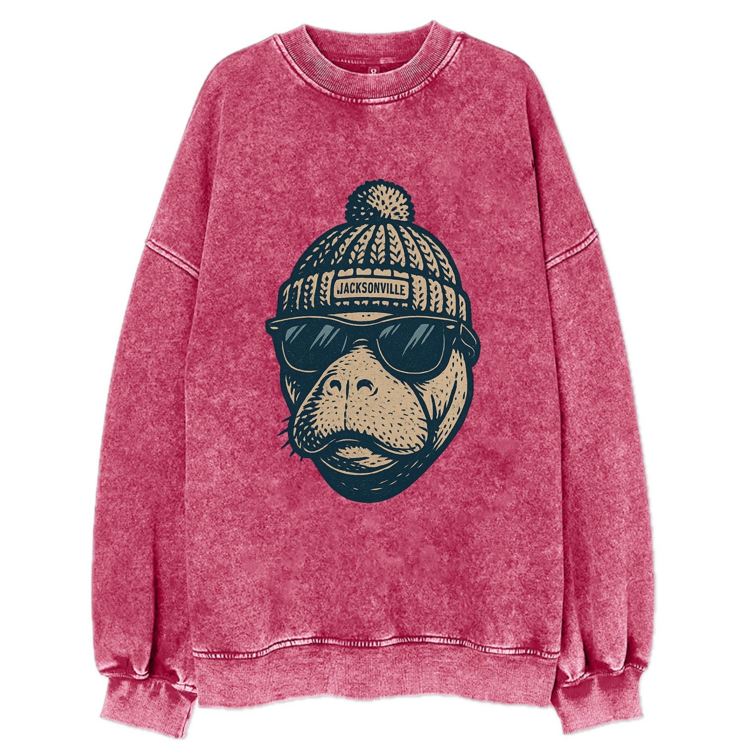 Jacksonville Manatee wearing Jacksonville beanie with pom pom and wayfarer - Vintage Sweatshirt - Pink