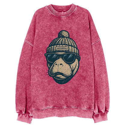 Jacksonville Manatee wearing Jacksonville beanie with pom pom and wayfarer - Vintage Sweatshirt - Pink