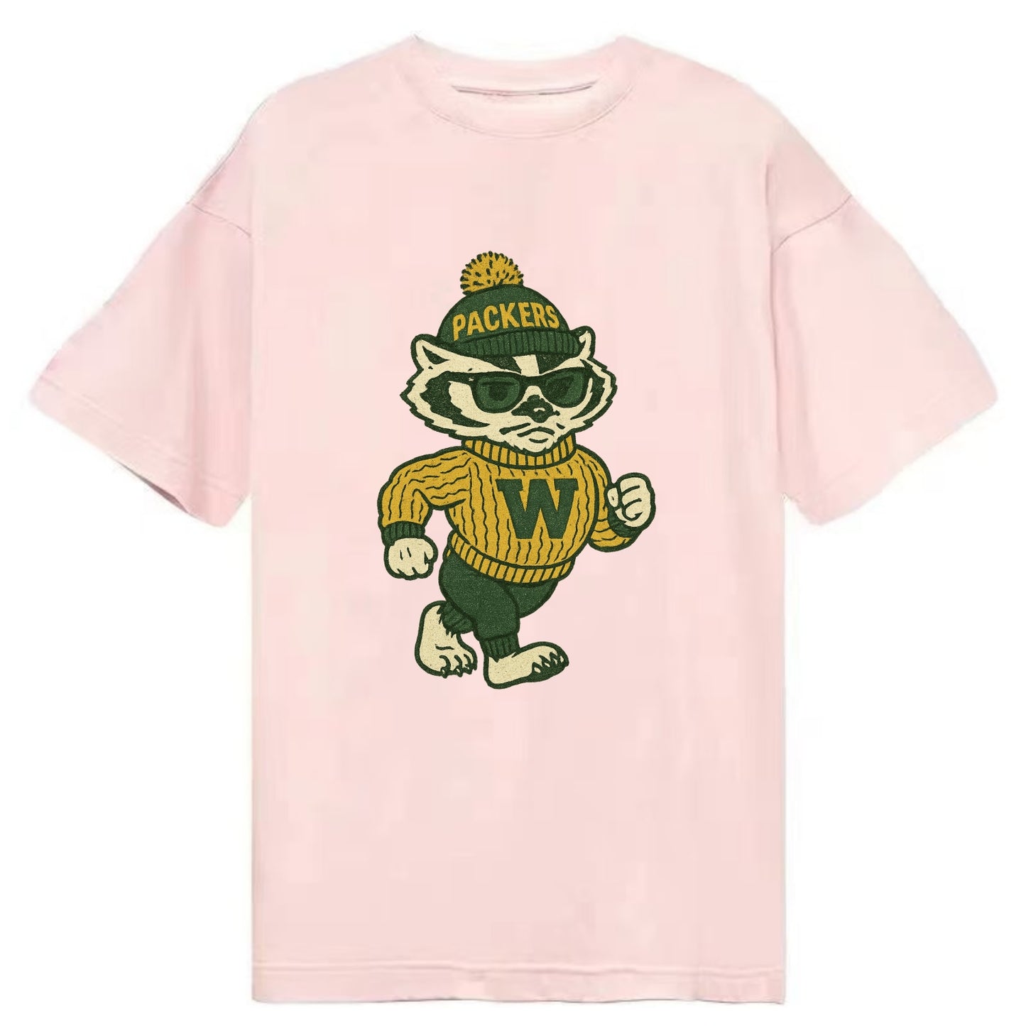 Wisconsin Badger wearing Packers green and gold beanie with pom pom and wayfarer - Classic T-shirt - Pink