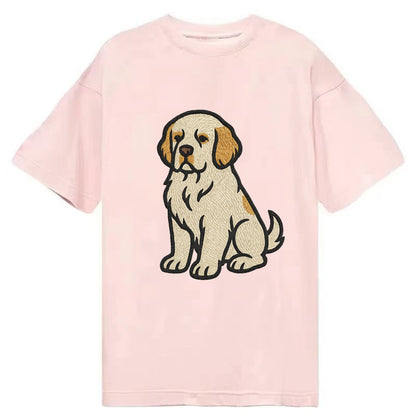 Clumber Spaniel - White with lemon markings embroidered pose - Classic T-shirt - Pink