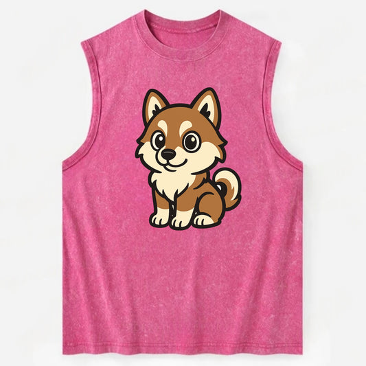Pomsky - Pomeranian-Husky mix sitting pose - Vintage Washed Tank - Pink