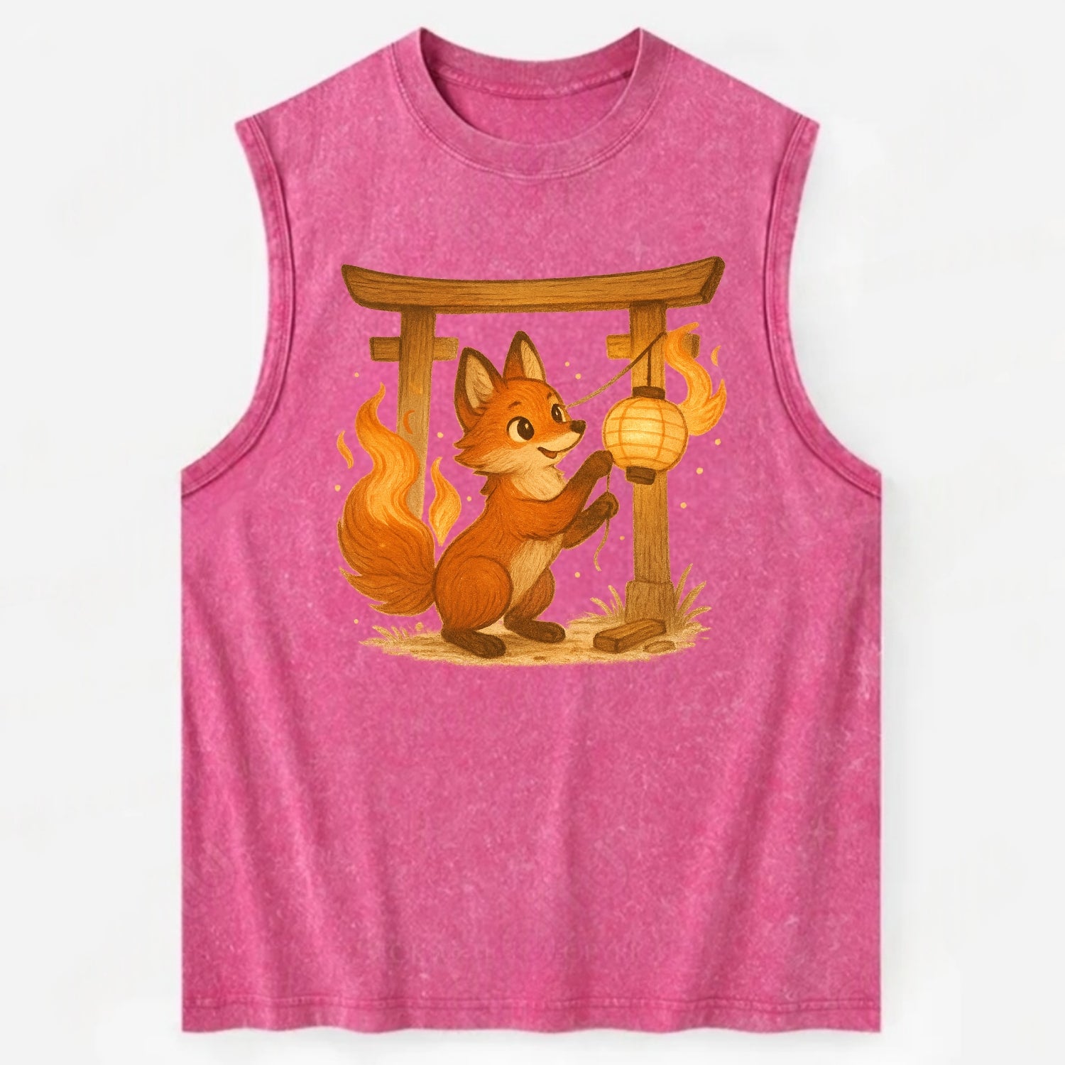 Foxfire kitsune stringing lanterns along a torii gate with tails of living - Vintage Washed Tank - Pink