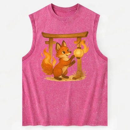 Foxfire kitsune stringing lanterns along a torii gate with tails of living - Vintage Washed Tank - Pink