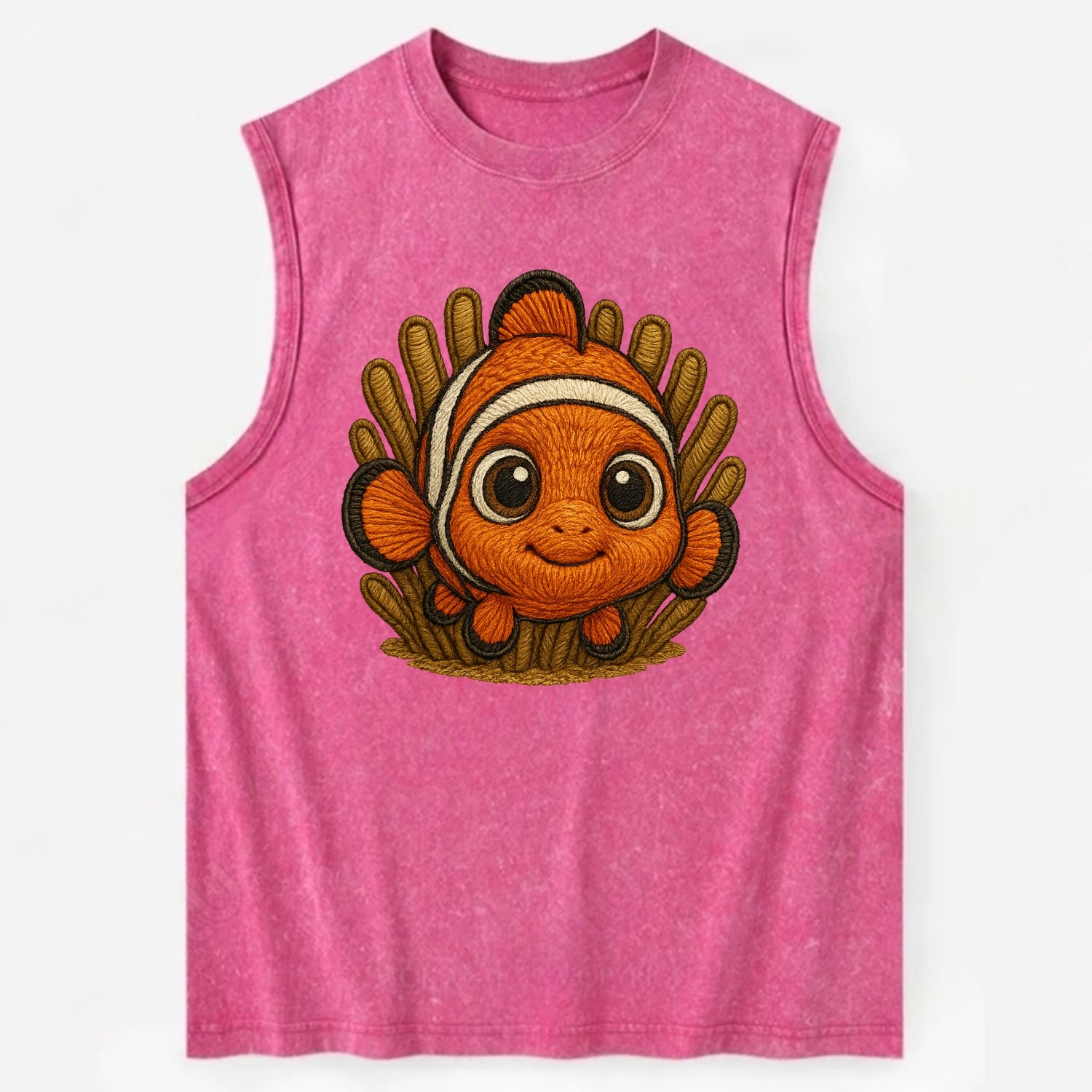 Baby Clownfish - orange with white stripes, big round eyes, front-facing in - Vintage Washed Tank - Pink