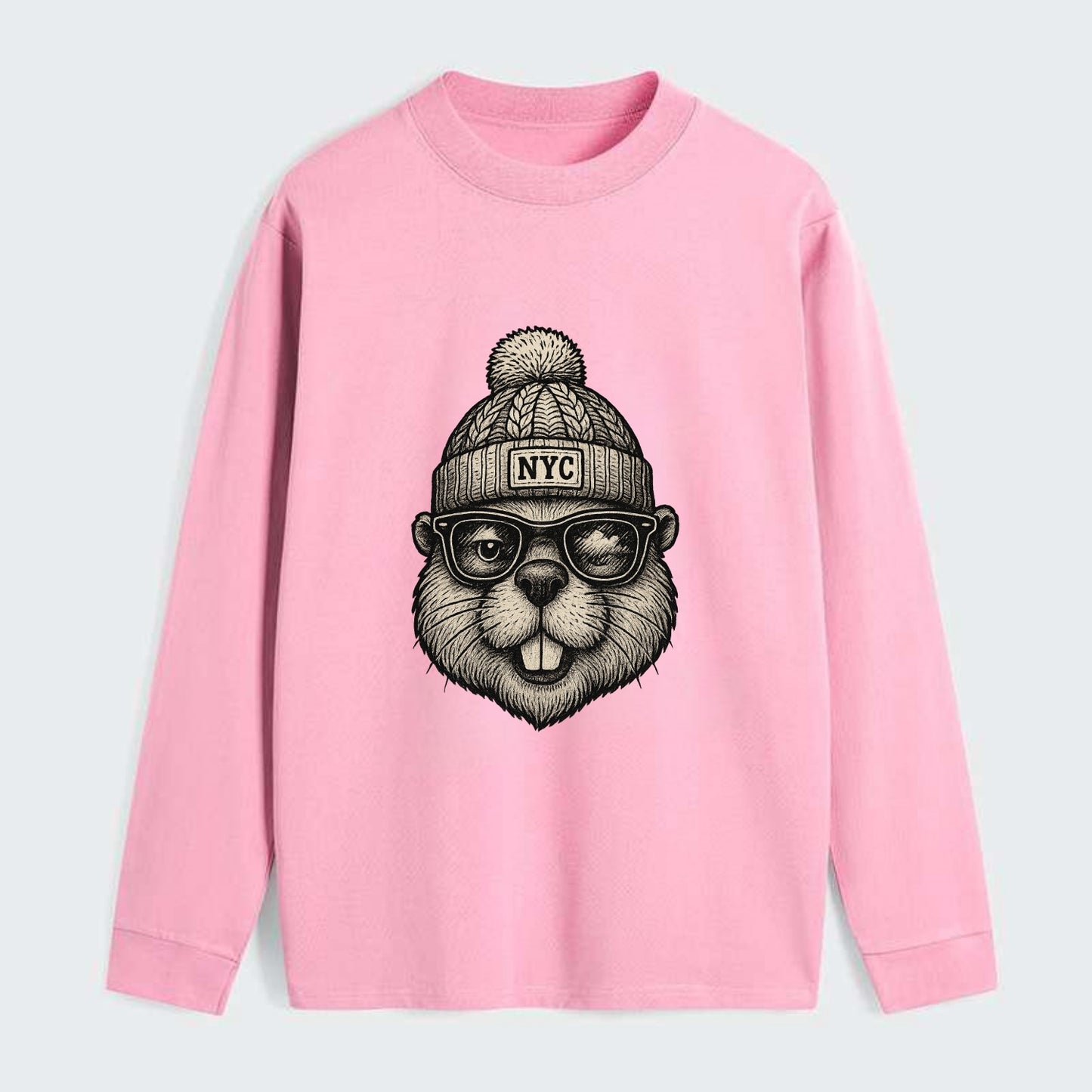 New York Beaver wearing NYC beanie with pom pom and wayfarer sunglasses - Classic Long Sleeve Shirt - Pink