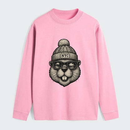 New York Beaver wearing NYC beanie with pom pom and wayfarer sunglasses - Classic Long Sleeve Shirt - Pink