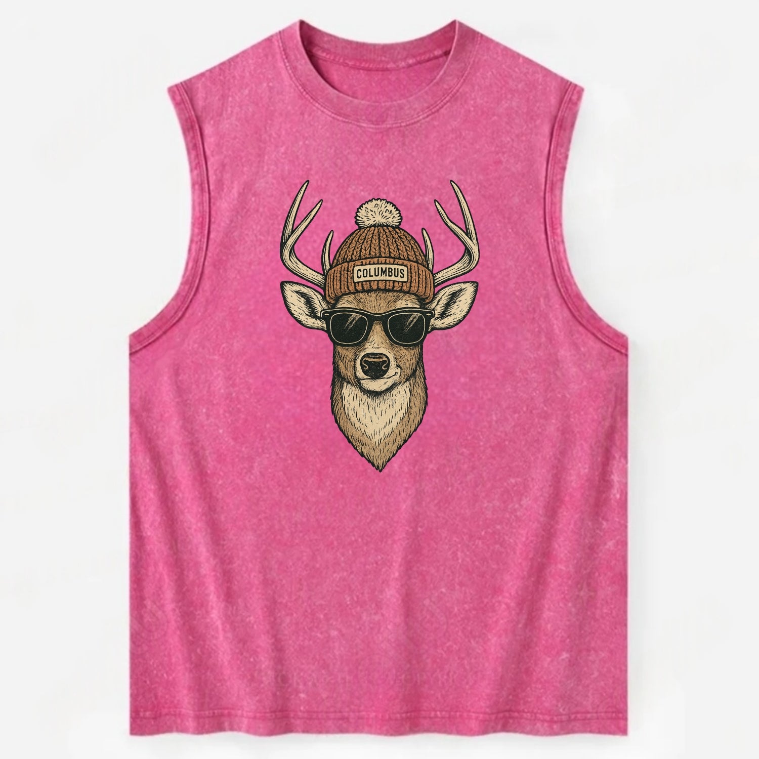 Ohio White-tailed Deer wearing Columbus beanie with pom pom and wayfarer - Vintage Washed Tank - Pink