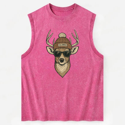 Ohio White-tailed Deer wearing Columbus beanie with pom pom and wayfarer - Vintage Washed Tank - Pink
