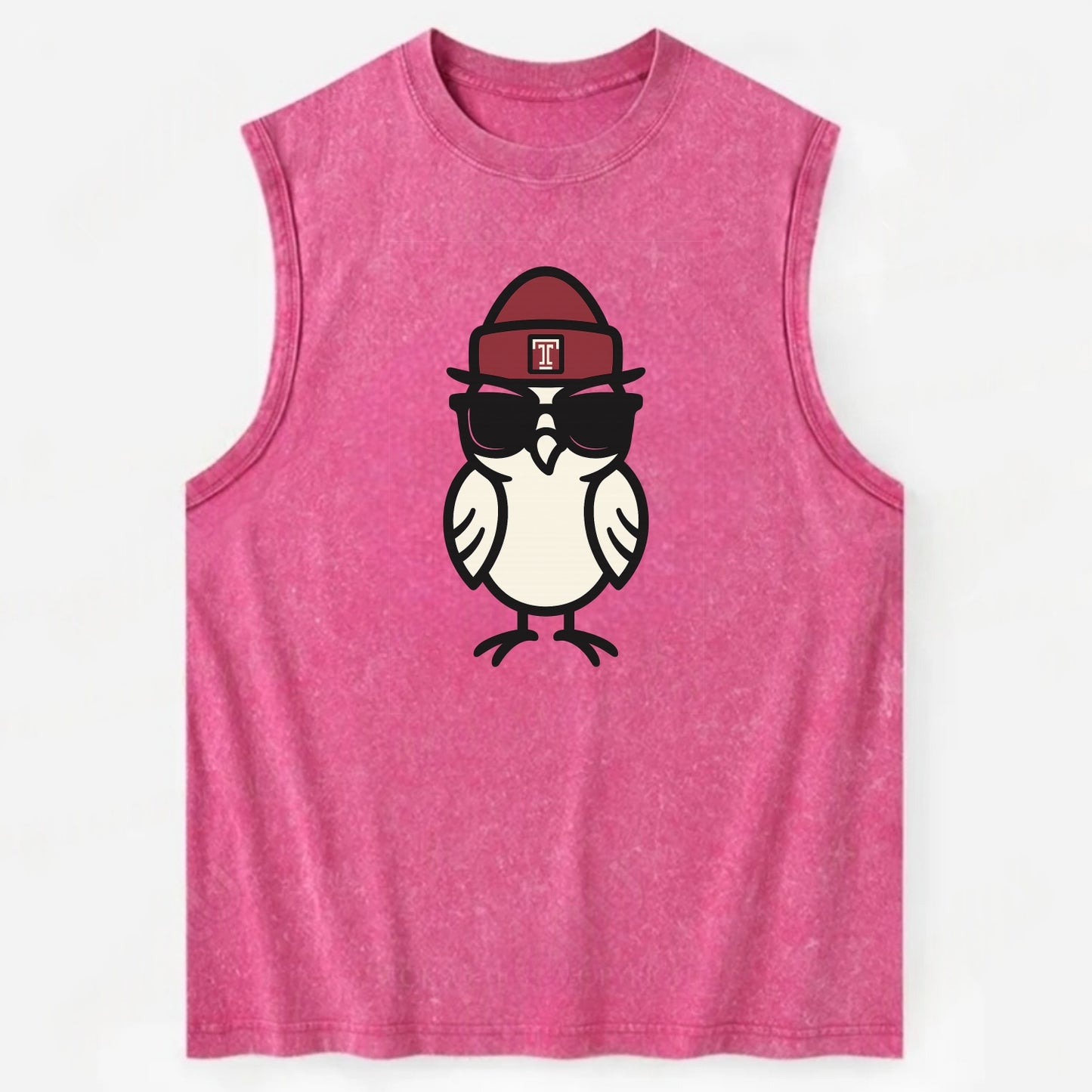 Philadelphia Owl wearing Temple beanie with T patch - Vintage Washed Tank - Pink