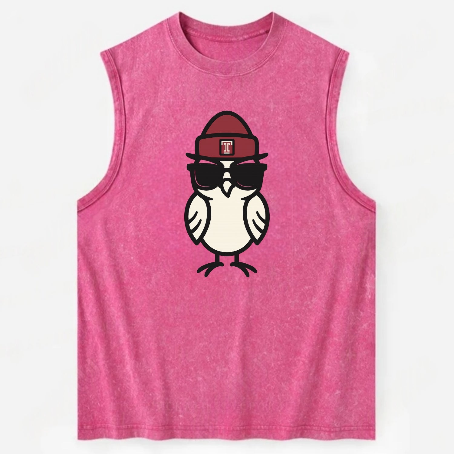 Philadelphia Owl wearing Temple beanie with T patch - Vintage Washed Tank - Pink