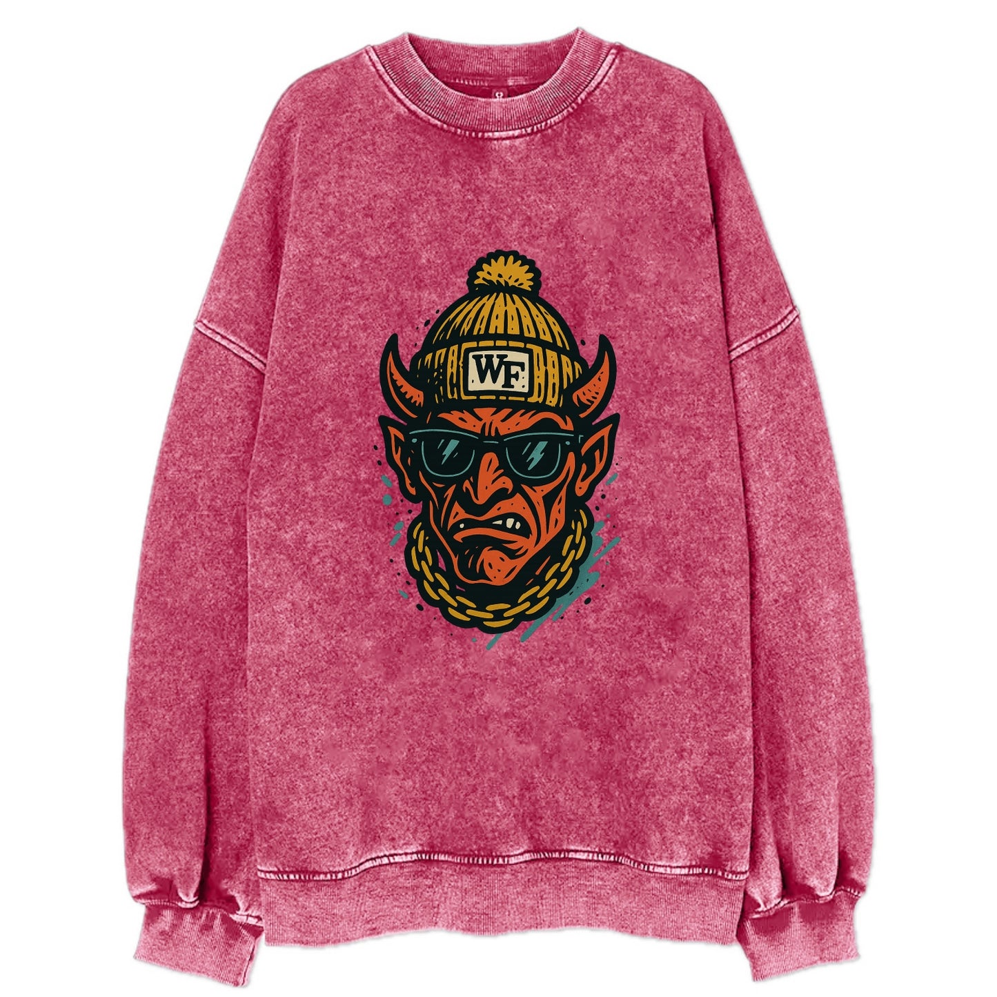 Winston-Salem Demon wearing Wake Forest beanie with WF patch - Vintage Sweatshirt - Pink