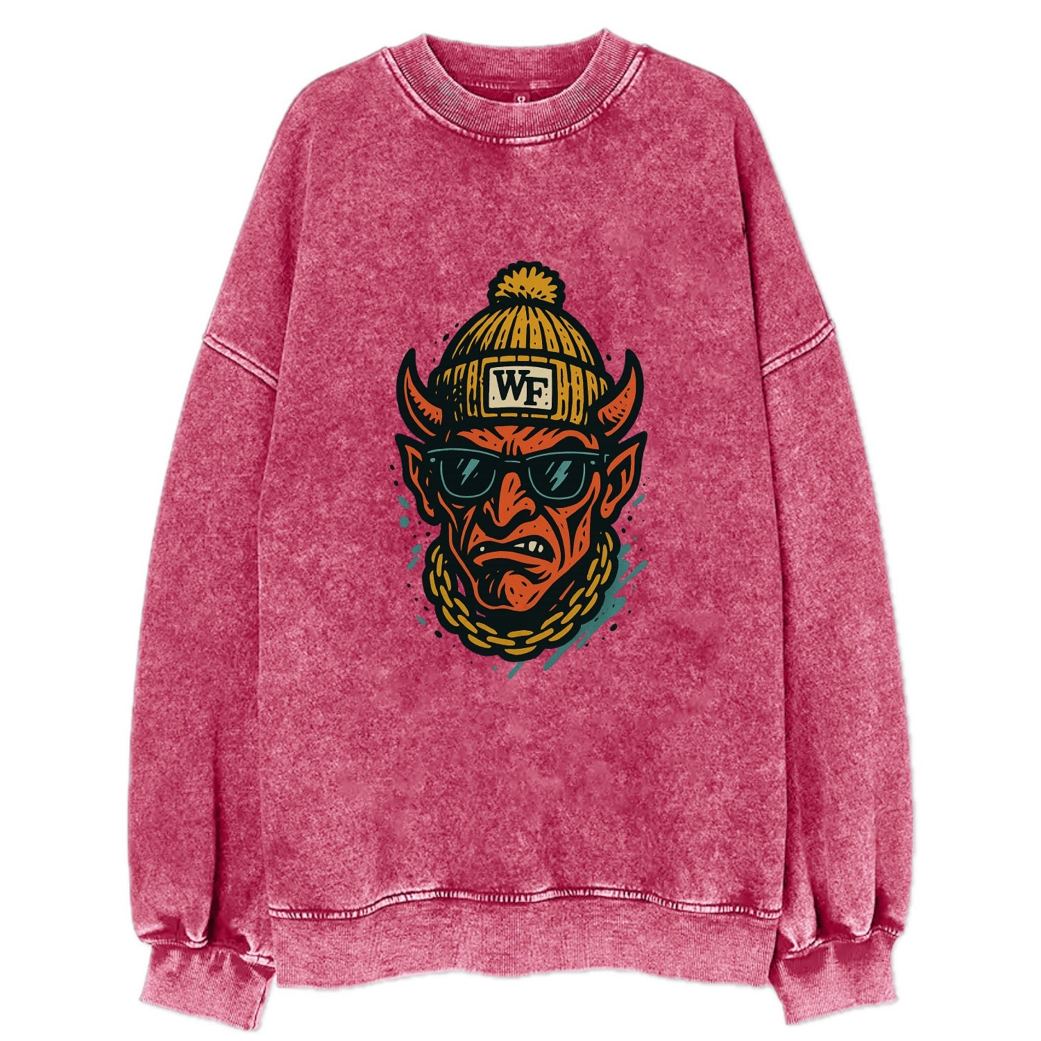 Winston-Salem Demon wearing Wake Forest beanie with WF patch - Vintage Sweatshirt - Pink