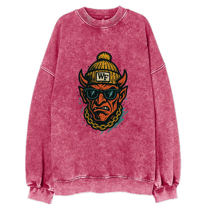 Winston-Salem Demon wearing Wake Forest beanie with WF patch - Vintage Sweatshirt - Pink