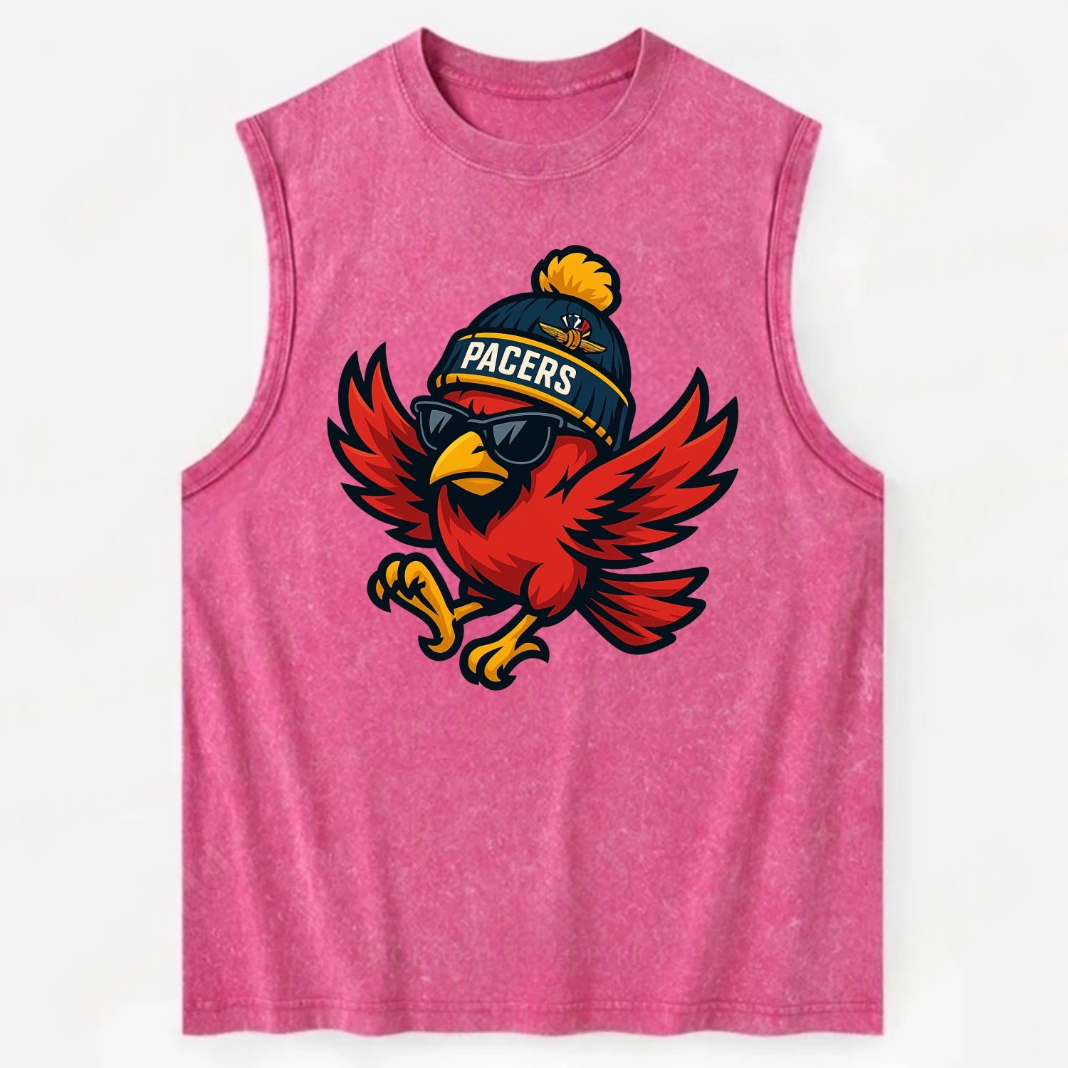 Indiana Cardinal wearing Pacers beanie with speedway patch and wayfarer - Vintage Washed Tank - Pink