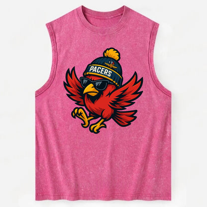 Indiana Cardinal wearing Pacers beanie with speedway patch and wayfarer - Vintage Washed Tank - Pink