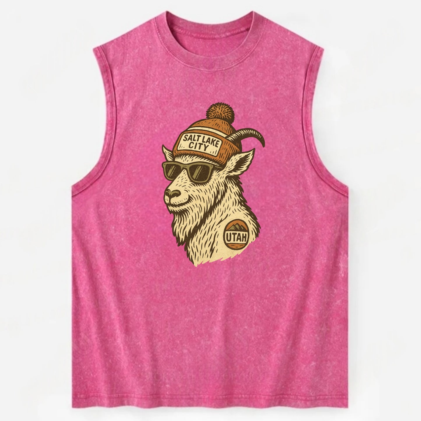 Utah Mountain Goat wearing Salt Lake City beanie with pom pom and wayfarer - Vintage Washed Tank - Pink