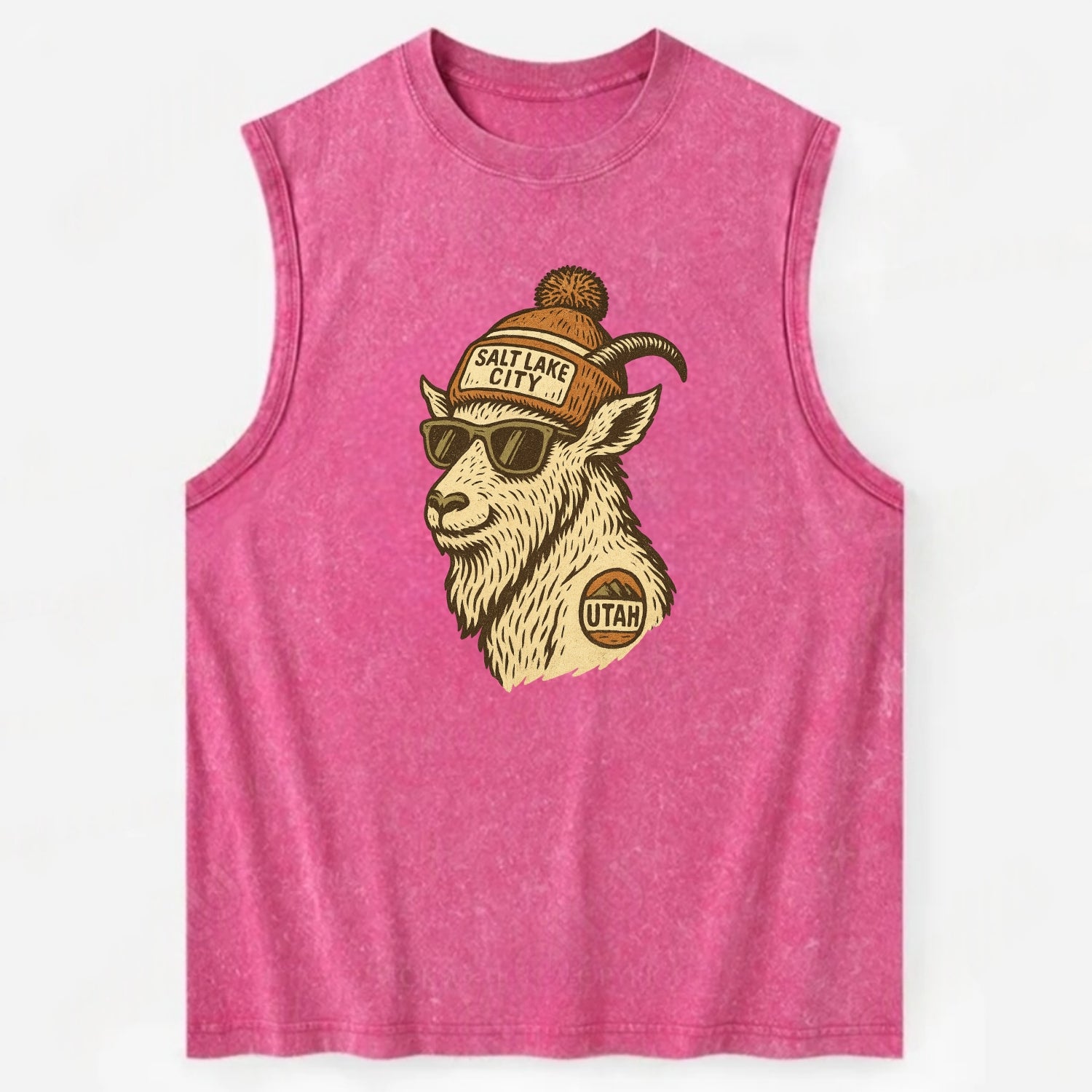 Utah Mountain Goat wearing Salt Lake City beanie with pom pom and wayfarer - Vintage Washed Tank - Pink