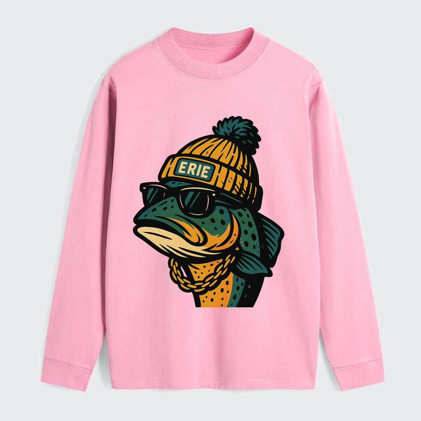 Erie Lake Trout wearing Erie beanie with pom pom and wayfarer sunglasses - Classic Long Sleeve Shirt - Pink