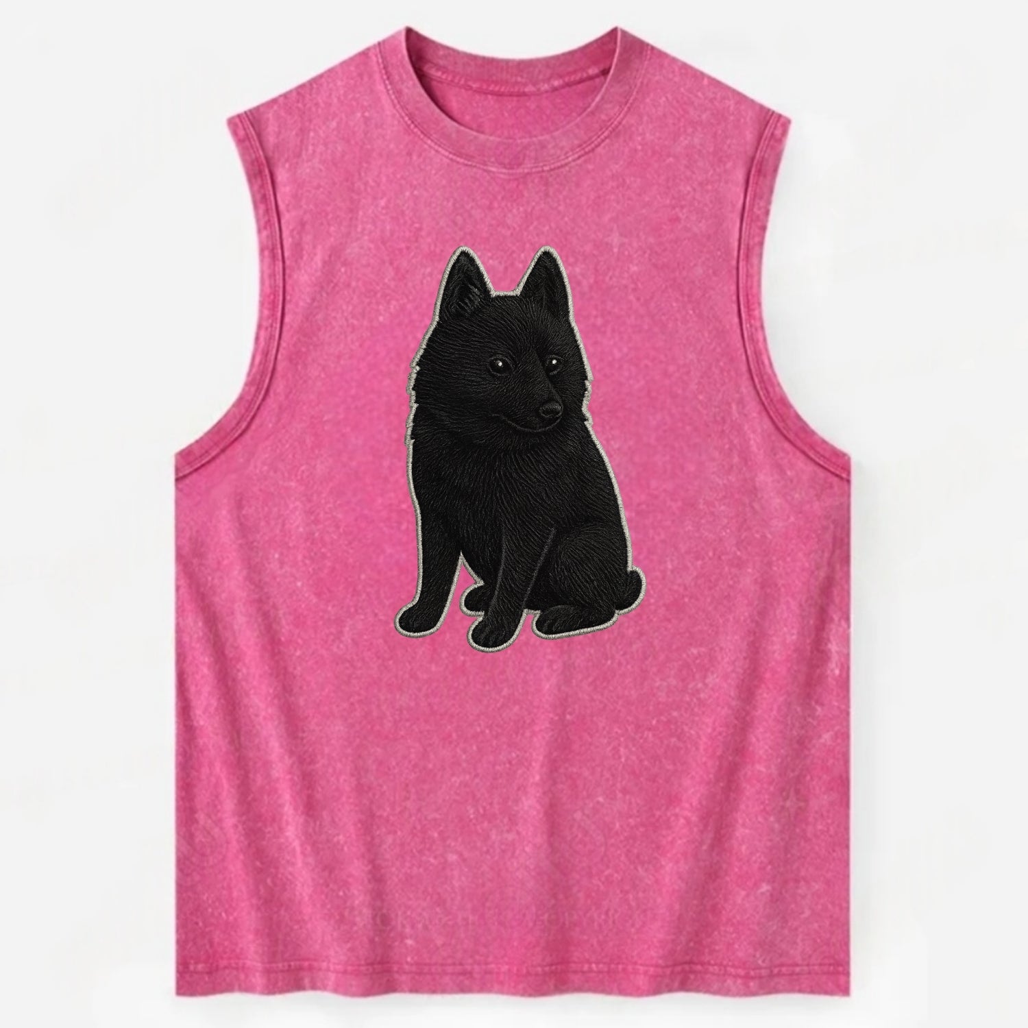 Schipperke - Solid black small embroidered sitting pose - Vintage Washed Tank - Pink