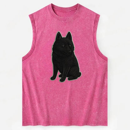 Schipperke - Solid black small embroidered sitting pose - Vintage Washed Tank - Pink