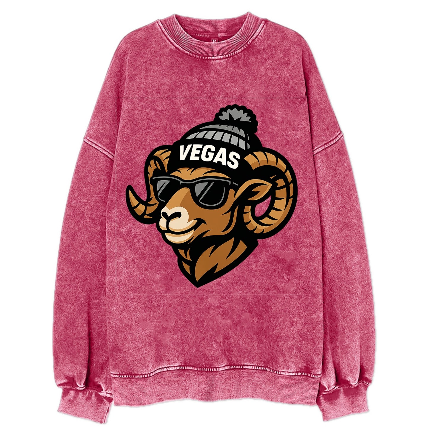 Vegas Desert Bighorn wearing Raiders silver and black beanie with pom pom and - Vintage Sweatshirt - Pink