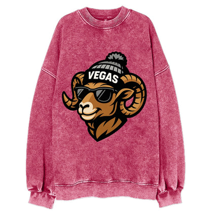 Vegas Desert Bighorn wearing Raiders silver and black beanie with pom pom and - Vintage Sweatshirt - Pink