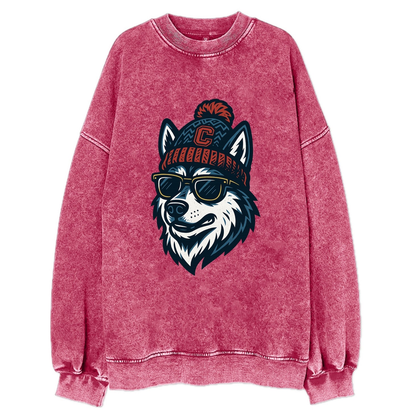Storrs Husky wearing UConn beanie with C patch - Vintage Sweatshirt - Pink