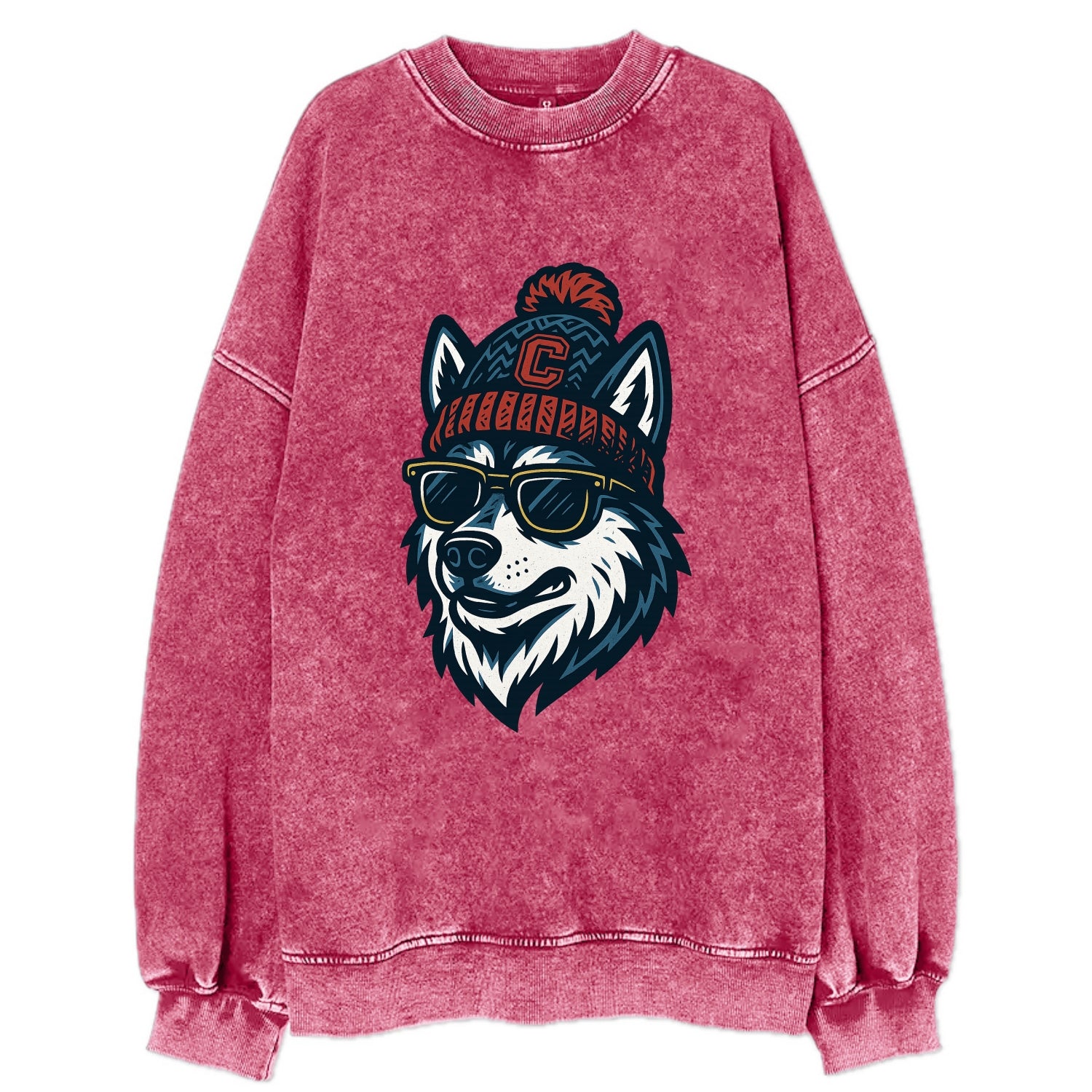 Storrs Husky wearing UConn beanie with C patch - Vintage Sweatshirt - Pink
