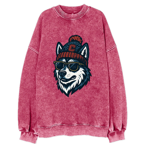 Storrs Husky wearing UConn beanie with C patch - Vintage Sweatshirt