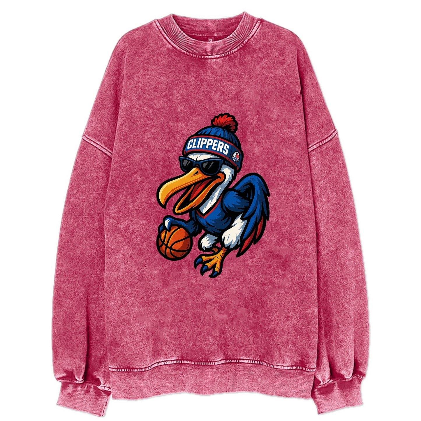 Los Angeles Pelican wearing Clippers beanie with sailboat patch and wayfarer - Vintage Sweatshirt - Pink