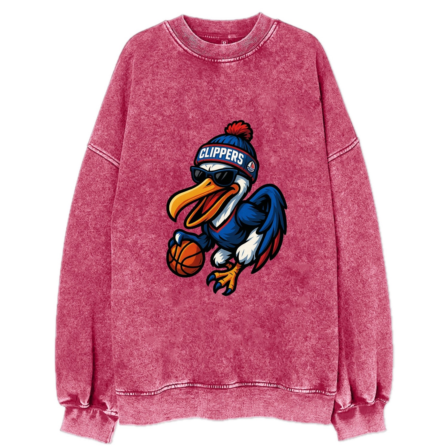 Los Angeles Pelican wearing Clippers beanie with sailboat patch and wayfarer - Vintage Sweatshirt - Pink