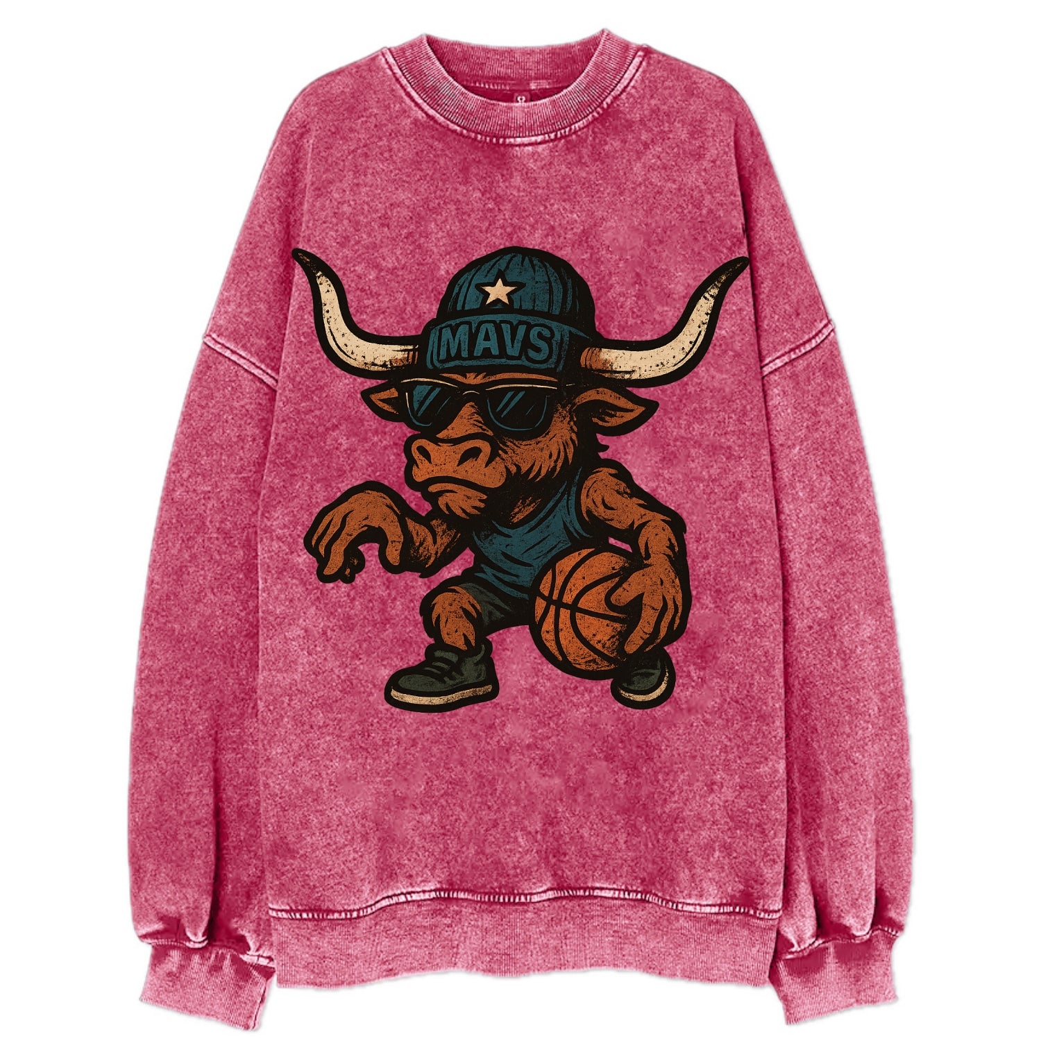 Texas Longhorn wearing Mavs beanie with lone star patch and wayfarer sunglasses - Vintage Sweatshirt - Pink