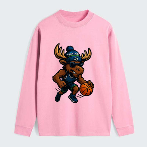 Twin Cities Moose wearing Timberwolves beanie with pine tree patch and - Classic Long Sleeve Shirt