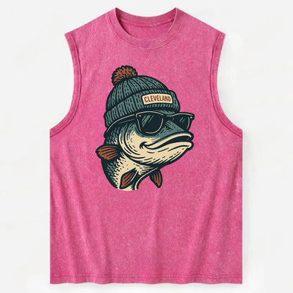 Cleveland Lake Erie Walleye wearing Cleveland beanie with pom pom and - Vintage Washed Tank - Pink