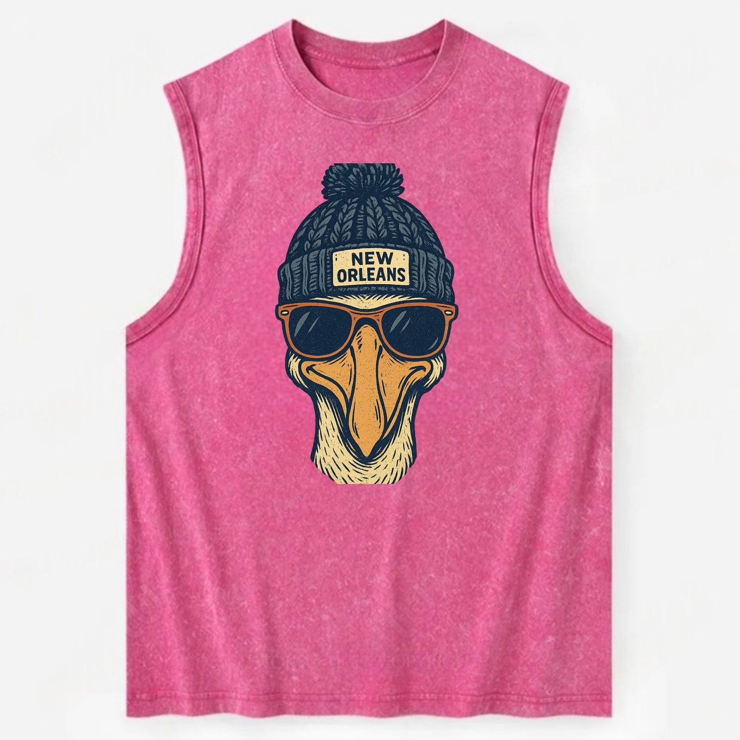 New Orleans Pelican wearing New Orleans beanie with pom pom and wayfarer - Vintage Washed Tank - Pink