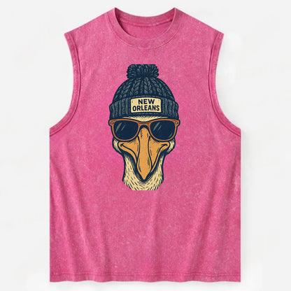 New Orleans Pelican wearing New Orleans beanie with pom pom and wayfarer - Vintage Washed Tank - Pink