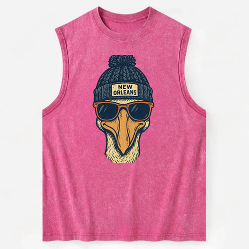 New Orleans Pelican wearing New Orleans beanie with pom pom and wayfarer - Vintage Washed Tank